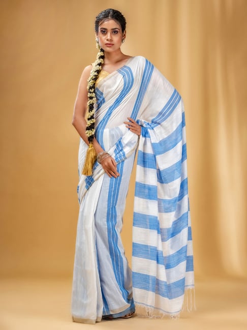 Off White with Blue half n half with Silver Border Multidye Linen Saree -  Loomfolks