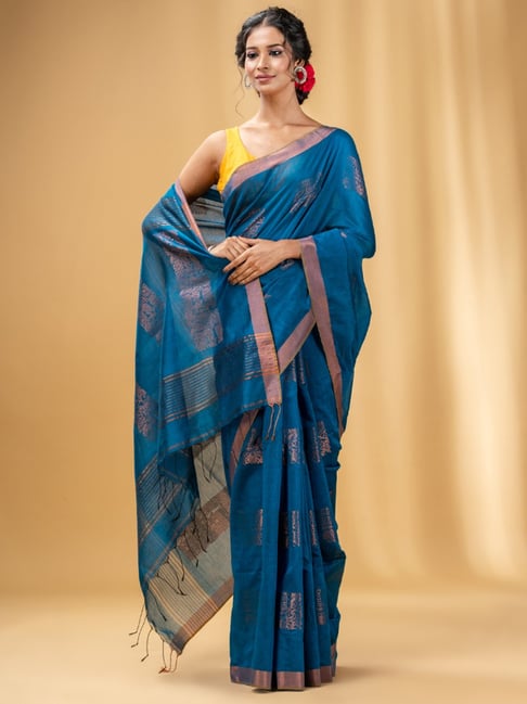 Banarasee Organza Mix Saree With Zari Buti Design & Border-Cobalt Blue