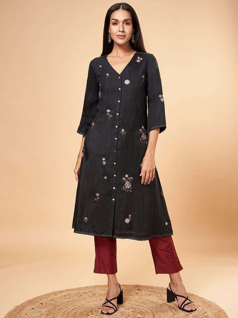 Marigold Lane Black Embroidered Fit & Flare Kurta-picture-27