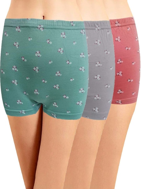 IN CARE Green & Grey Cotton Printed Boyshorts Panties - Pack Of 3