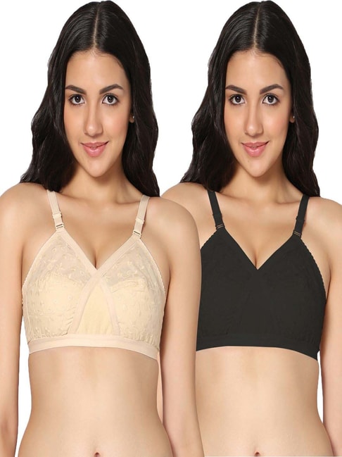 IN CARE Black & Beige Cotton Embroidered T-Shirt Bras - Pack Of 2