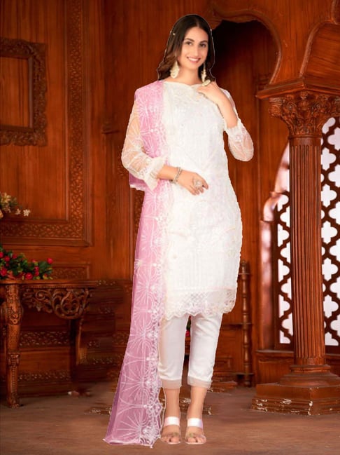 White Sequins Embroidered Chanderi Dress Material