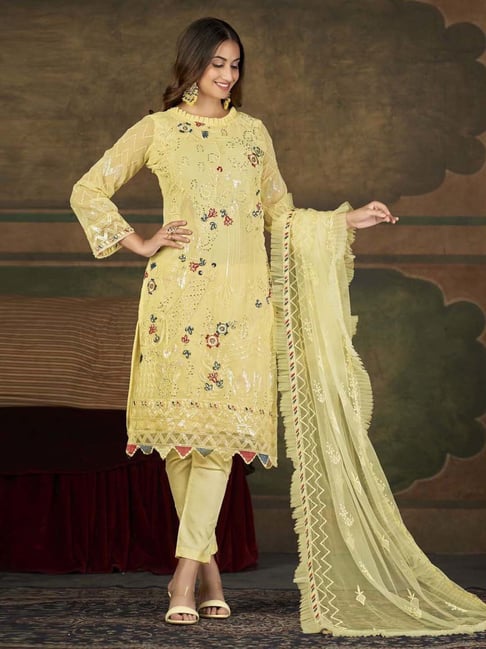 Buy Warthy Ent Yellow Embroidered Semi Stitched Dress Material for