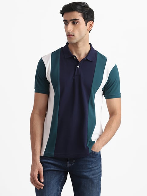 WES Casuals by Westside Navy Blue Striped Slim Fit Polo T-Shirt