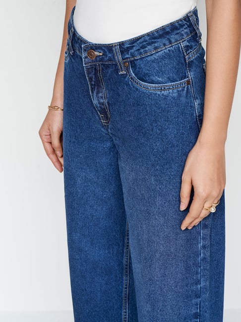 AND Dark Blue Cotton Relaxed Fit Mid Rise Jeans