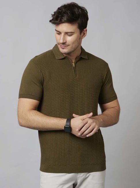 celio* Dark Khaki Regular Fit Self Design Cotton Polo T-Shirt