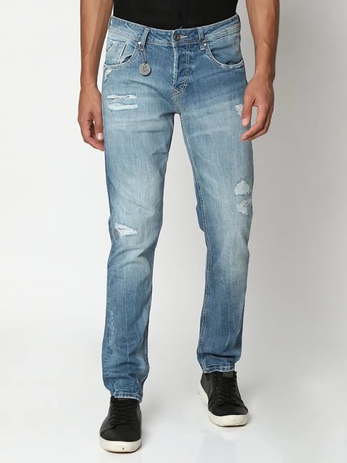 Buy Spykar Light Blue Cotton Slim Fit Distressed Jeans for Mens