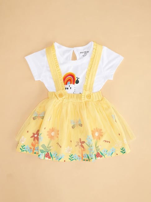 Pantaloons Baby White & Yellow Floral Print T-Shirt with Dungree-picture-20