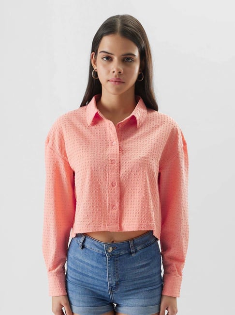 The Souled Store Peach Cotton Crop Shirt-picture-29