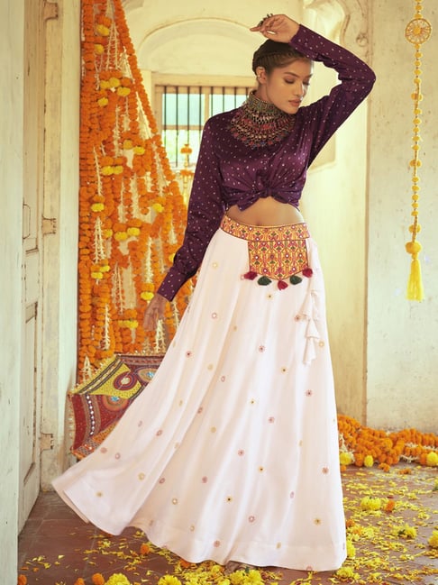 SHUBHKALA Purple White Cotton Printed Crop Top and Skirt Set