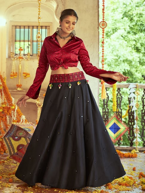 SHUBHKALA Maroon Black Cotton Printed Crop Top and Skirt Set