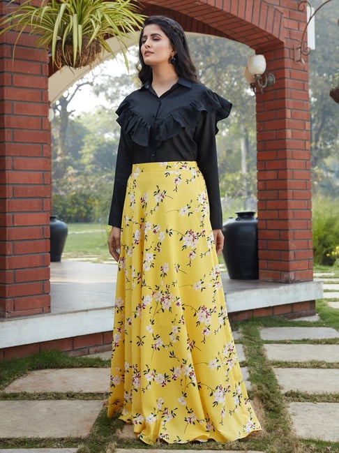 SHUBHKALA Black Yellow Full Sleeves Crop Top and Skirt Set