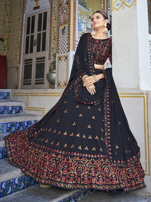 Beautiful Black Embroidered With Mirror Work Art Silk Party Wear Lehenga  Choli - Absolutely Desi