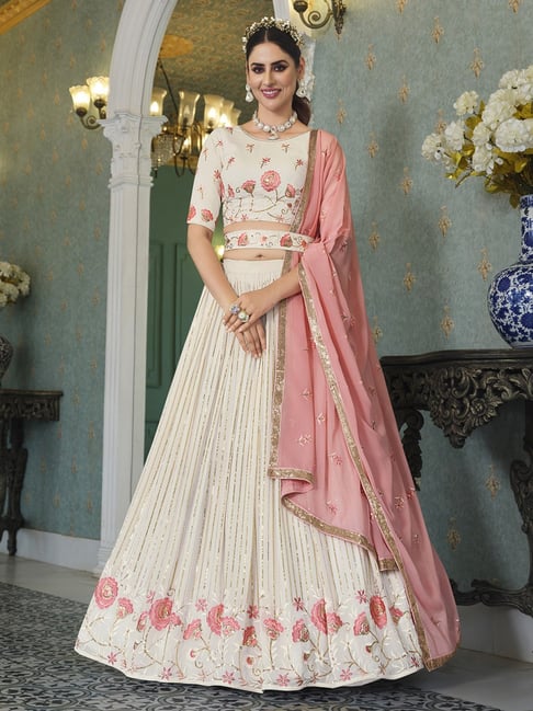 Peach-Coloured Embroidered Beads and Stones Semi-Stitched Lehenga & Un–  Inddus.in