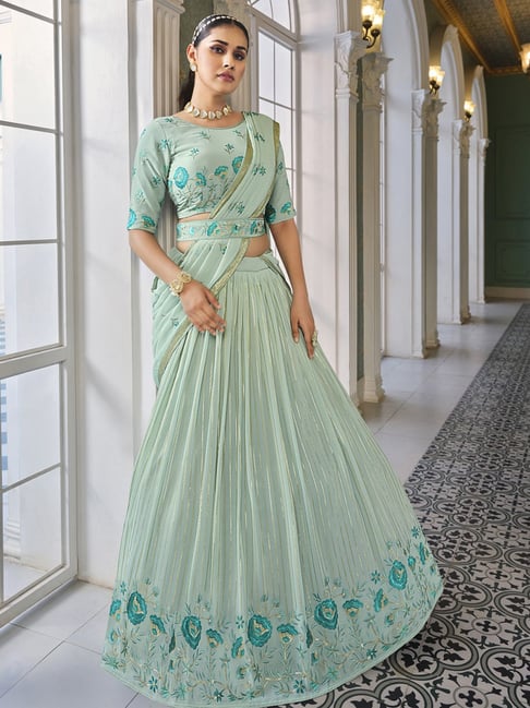 Aqua Green Full Stitched Lehenga Choli Set with Heavy Foil P