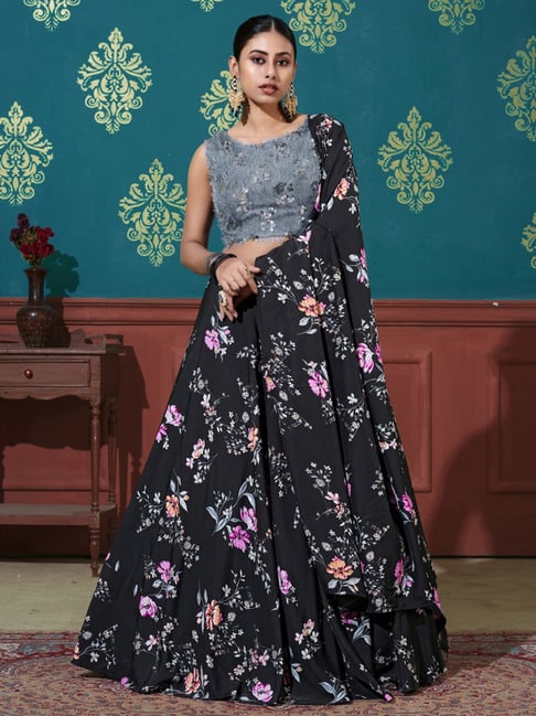 Black Lehenga Saree in Lycra with 3D Flower Patch Work - SAEJ3428...