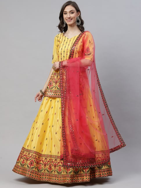 Bright Yellow Printed Semi-stitched Lehenga Choli With Dupatta– Inddus.in