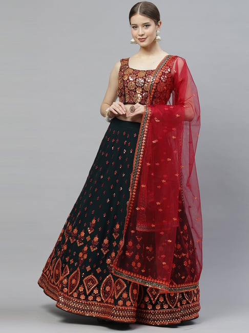 Patch Border Silk Lehenga Choli in Green, Off White and Red -