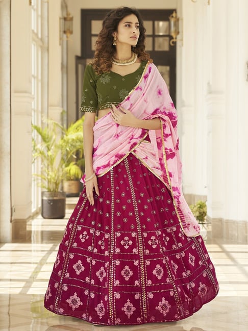 Banarasee Stitched Chanderi Lehenga & Blouse Fabric With Pink Dupatta-