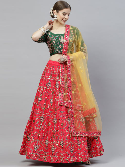Bridal Wear Deep Green-Red Designer Net Embroidered Lehenga Choli With Net  at Rs 10000 in Surat