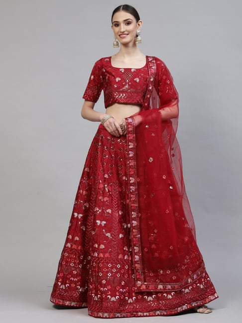 Buy Maroon Net Embroidered Sequin Plunge V Neck Bridal Lehenga Set For  Women by Seema Gujral Online at Aza Fashions.