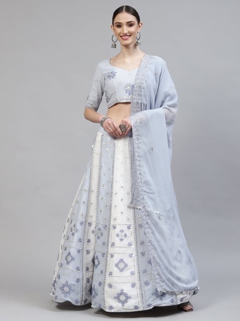 Designer Half White Lehenga w/ Blue Raw Silk Kurthi & Dupatta M-XL #27245 |  Buy Online @ DesiClik.com, USA