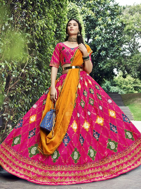 Chiku & Orange Wedding Wear Woven & Embroidered Silk Lehenga Choli