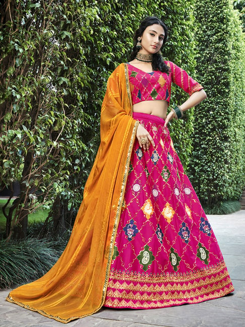 Eid Special Scrupulously Embroidered Fancy Fabric Bridal Wear Pink-Orange  Color Lehenga Style Saree