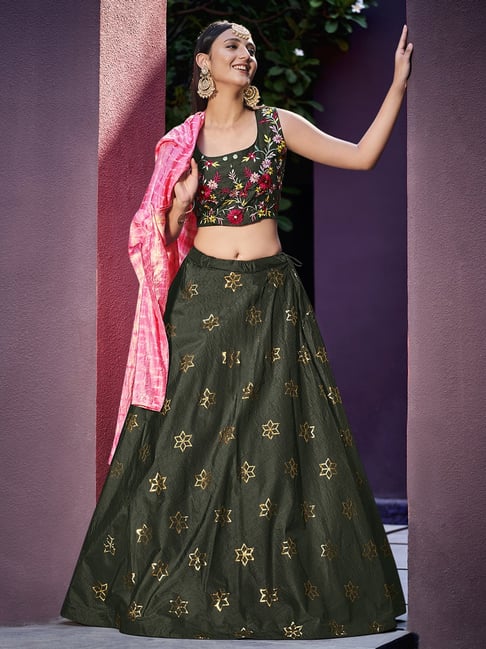 Dark Green Organza Silk Plain Lehenga - CCFA1017 from saree.com