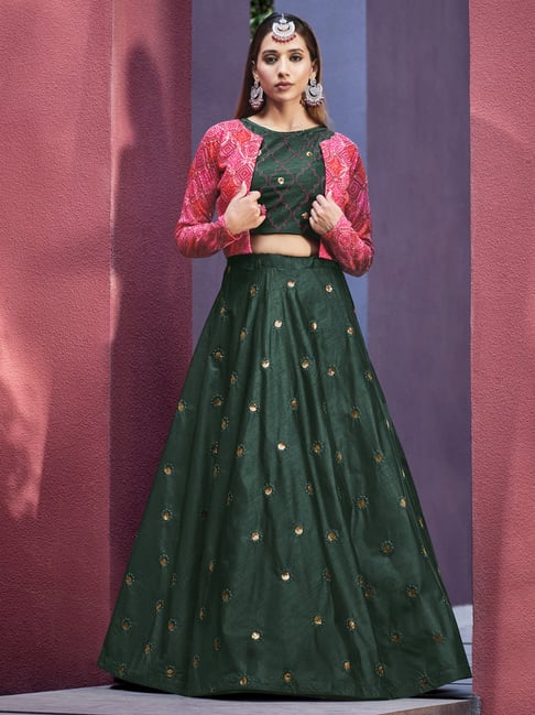 GREEN FULL FLARED LEHENGA WITH BLOUSE AND DUPATTA – Rangpur