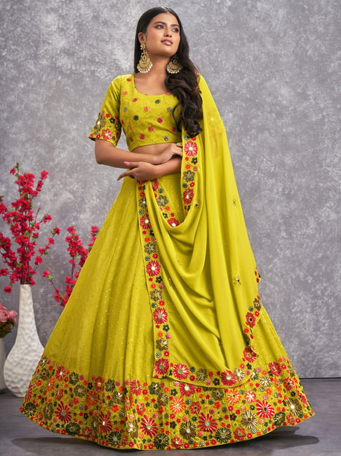 Olive Green & Silver-Toned Printed Ready to Wear Lehenga & Blouse With