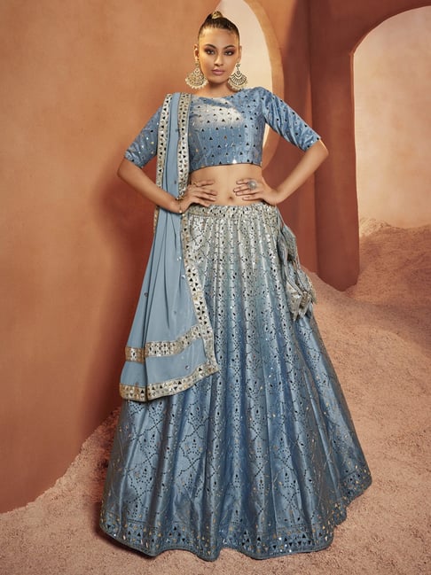 Buy Blue Chanderi Woven Floral Plunge V Neck Mughal Lehenga Set For Women  by Jiya by Veer Design Studio Online at Aza Fashions.