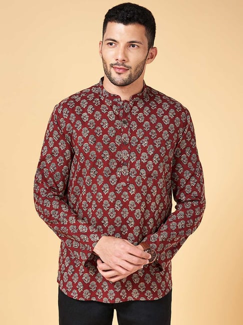 Indus Route by Pantaloons Maroon Cotton Regular Fit Printed Short Kurta