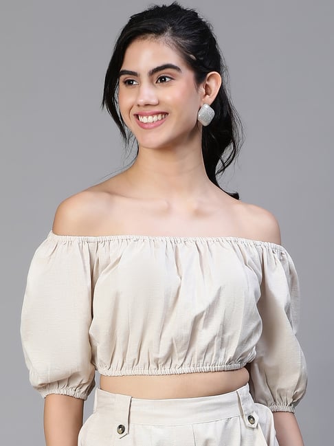 Oxolloxo Beige Cotton Regular Fit Crop Top
