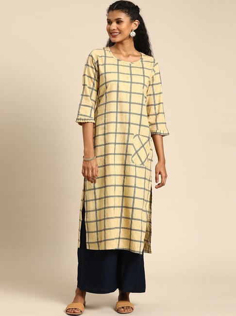 Blissta Beige Cotton Chequered Straight Kurta-picture-14
