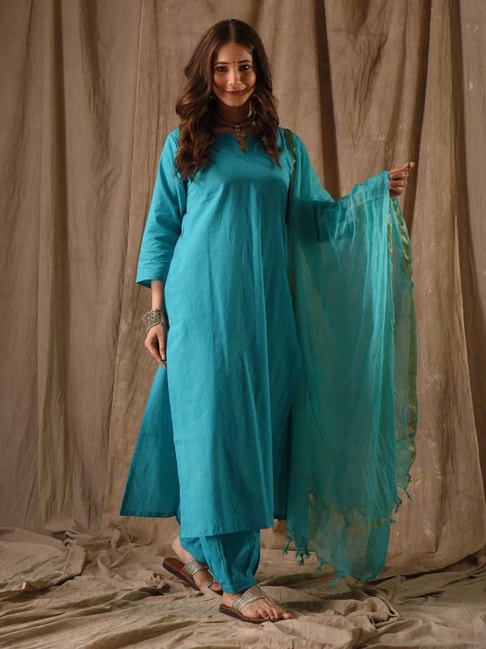 Buy DIMPLE DESIGN STUDIO Firozi Cotton Kurta Pant Set With Dupatta for  Women Online @ Tata CLiQ