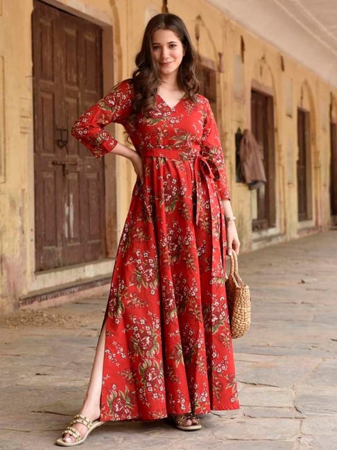 Buy DIMPLE DESIGN STUDIO Red Cotton Floral Print Maxi Dress for Women  Online @ Tata CLiQ