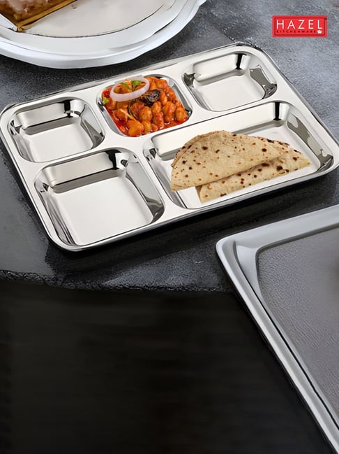 HAZEL Stainless Steel 5 Compartment Mess Plate Rectangle Bhojan Thali with Square Holes-picture-37