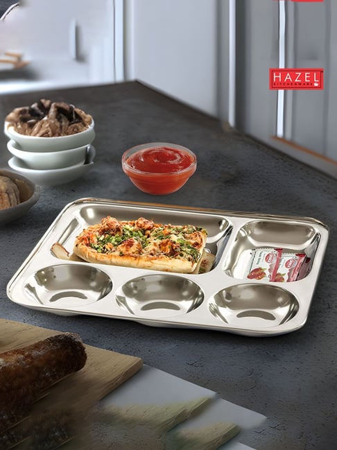 HAZEL Stainless Steel Compartment Mess Plate Steel Rectangle Bhojan Thali with Round Holes, Set of 2