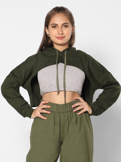 Olive green cheap crop hoodie