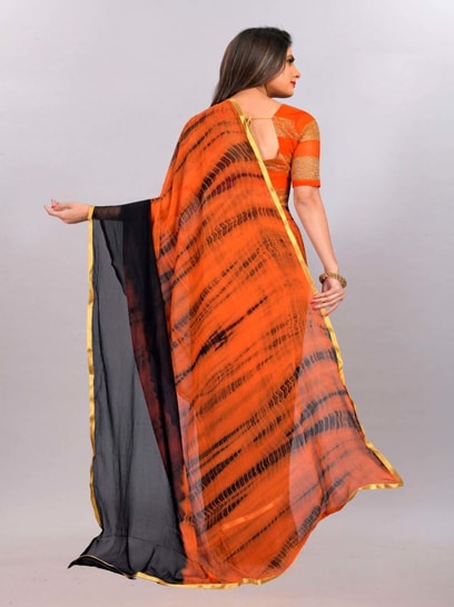 White saree with orange and black border - Sri Kumaran Stores