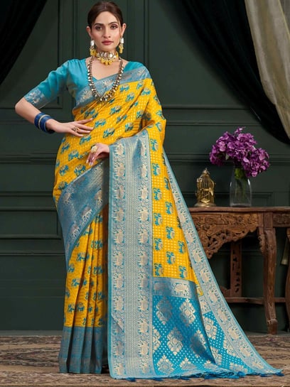 Best Green Yellow Contrast Zari Border Chanderi Cotton Mix Saree