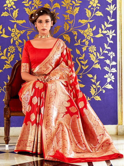 Impressive Red & Gold-Coloured Silk Blend Woven Design Banarasi Saree–  Inddus.in