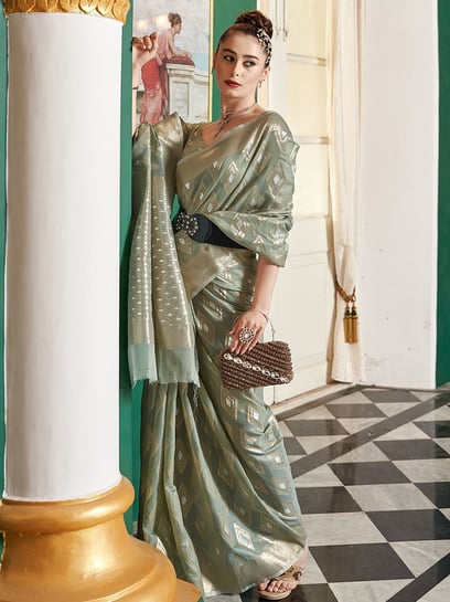 Buy Satrani Pista Green Woven Saree With Unstitched Blouse for Women Online  @ Tata CLiQ