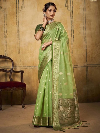 Buy Satrani Pista Green Woven Saree With Unstitched Blouse for