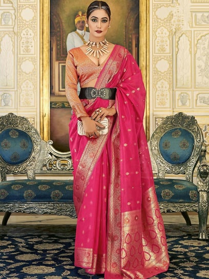 Pink soft banarasi silk saree with pink golden pallu – Meshira