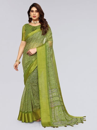 Satrani Pista Green Embroidered Saree With Unstitched Blouse