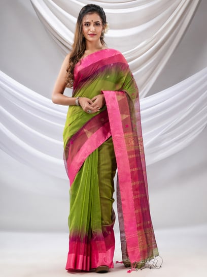 Ombre chiffon saree in Olive green and pink