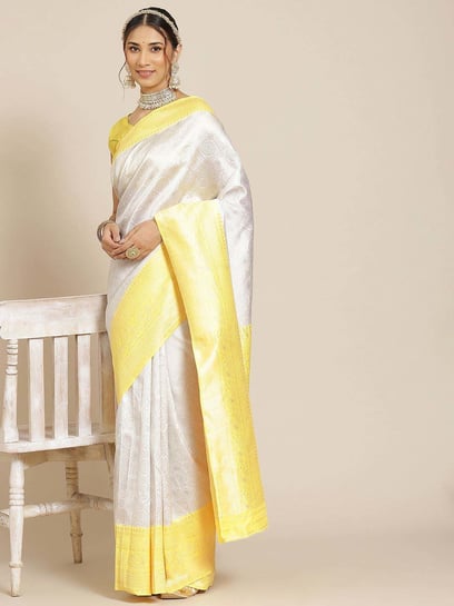 Georgette Floral Digital Print White And Yellow Saree