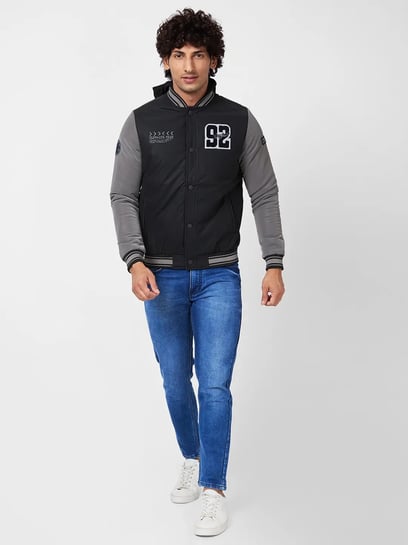 Buy Spykar Black Straight Fit Colour Block Hooded Jacket for Mens